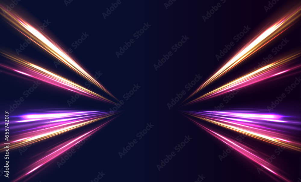 Poster Abstract neon light rays background. A Colorful Motion Background of City Light Trails. Vector speed of light in space on dark background.	