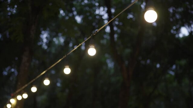 Outdoor Night Camp Lights Hanging On A Line Outside The House In The Backyard.