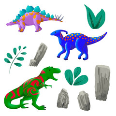 Dinosaur set 2  - leaves and rocks - Handdrawn illustration