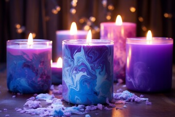 Obraz na płótnie Canvas Scented candles release fragrance in purple and blue hues. Generative AI