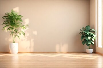 Fototapeta na wymiar Empty room interior background, beige wall, with plant, wooden flooring 3d rendering