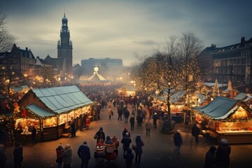 cinematic time-lapse of a bustling holiday market, where vendors set up their stalls and the city awakens to the festive season - Generative AI - obrazy, fototapety, plakaty