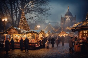 Fototapeta na wymiar cinematic time-lapse of a bustling holiday market, where vendors set up their stalls and the city awakens to the festive season - Generative AI