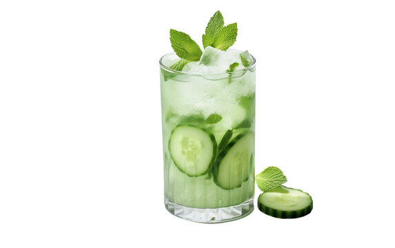 Green Glass of iced Cucumber Isolated on White Transparent Background.