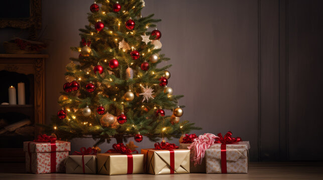 Christmas tree with colorful decorations and wrapped gifts on a dark background. Wallpaper concept of Christmas and New Year. Tree decorated with garlands and presents boxes. Modern house interior.