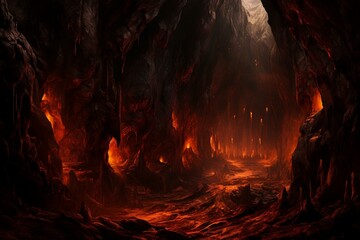 Underground lava cavern. Digital artwork. Lengthy cave. Generative AI