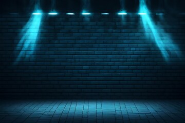 Background of an empty room with a brick wall, searchlight lights, neon light. Dark street, smoke, rays of light, neon light. Dark abstract street background.