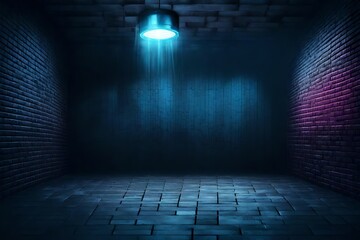 Background of an empty room with a brick wall, searchlight lights, neon light. Dark street, smoke,...