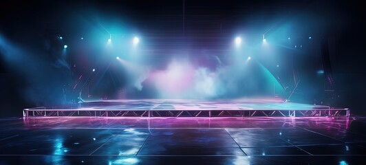concert event stage with pink blue spotlights shine on floor with dry ice fog, Generative Ai