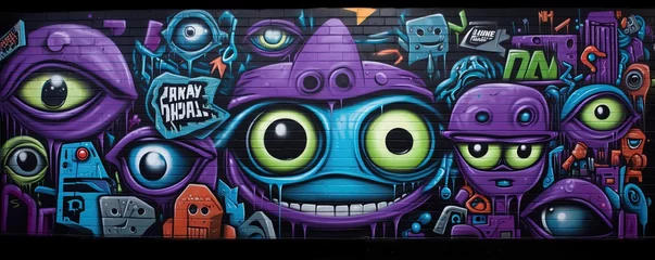 Poster graffiti on wall cartoon design, funny face and alien things, Generative ai © QuietWord