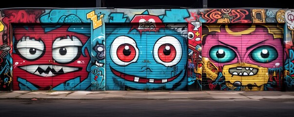 graffiti on wall cartoon design, funny face and alien things, Generative ai