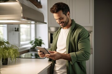 A young and handsome man uses technology at home in the kitchen with a tablet in his hands. - Powered by Adobe