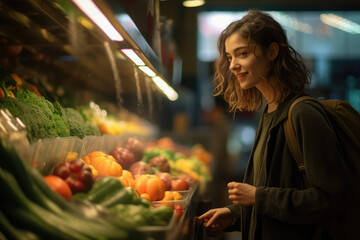beautiful woman smiling and shopping in the supermarket
