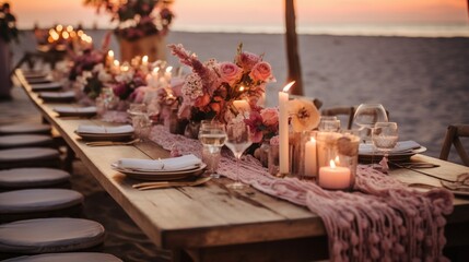 Fototapeta na wymiar A Beachside Wedding Celebration with Bohemian Elegance, Table Decor, drink Glasses, and a Romantic Atmosphere with candles for Dinner