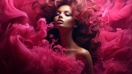 Fashion girl with long curly hair with magenta color smoke on background. Stylish Portrait of beautiful girl in a purple dress.  Magenta color concept. Beautiful face of young sensual attractive woman