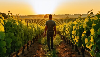 Rear view of man standing in vineyard and looking at sunset