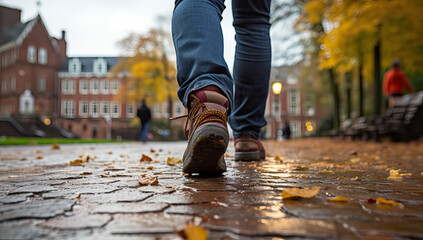 Close up of legs of a man walking in the park during autumn - obrazy, fototapety, plakaty