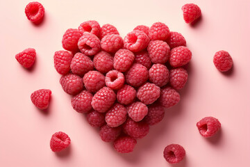 Heart made of ripe raspberries on color background, top view.
