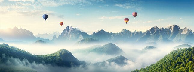 hot air balloons fly in the sky over mountain landscape - obrazy, fototapety, plakaty