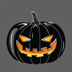 Vector Creepy Smiling Halloween Pumpkin Isolated on Grey Background. Black color pumpkin illustration with creepy  face expressions Happy Halloween Trick or Treat. Glowing Pumpkin Lantern Element.