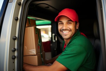 Latin American delivery guy in his delivery van ready to deliver package to the customer.