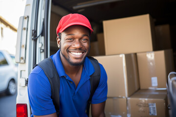 A smiling African American guy delivering packages.