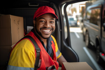 African  American delivery guy in his delivery van ready to deliver package to the customer.