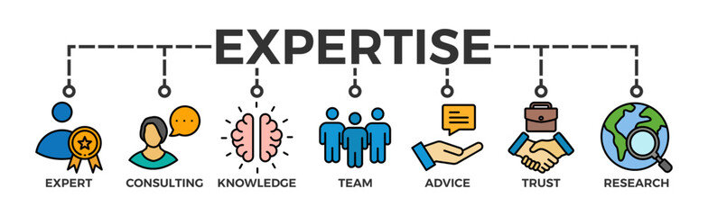 Expertise banner web icon vector illustration concept representing high-level knowledge and experience with an icon of expert, consulting, knowledge, team, advice, trust, and research