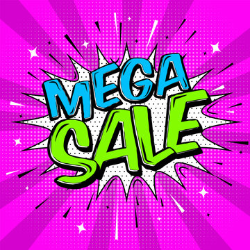 Mega sale banner Pop art burst trendy background comic style template design. Speech bubble  sound halftone and beams with expressive Mega Sale text, stars, sparks and Lines on bright pink background