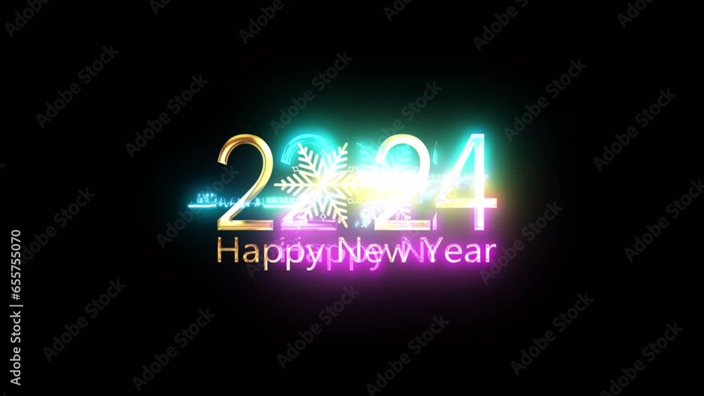 Poster 2024 happy new year golden text with light motion glitch cyber punk effect animation abstract backgr