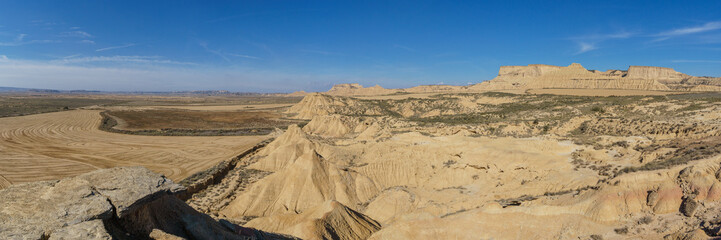 Panorama of desert landscape of the arid plateau of the Bardenas Reales seen from Mirador de Juan...