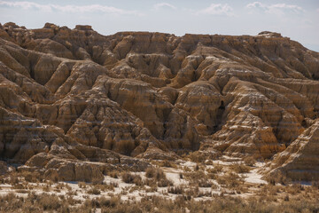 Rock formations at desert landscape of the arid plateau of the Bardenas Reales, Arguedas, Navarra, Spain