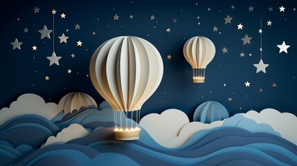 A Night Sky with a Paper Craft Hot Air Balloon, Designed in Origami Style for Baby Nursery and Children's Decor
