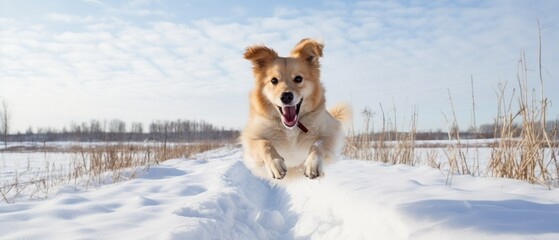 dog jumping winter snow meadow 