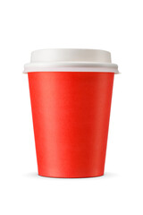 Red paper disposable cup with white plastic lid. Take away beverages container isolated. Transparent PNG image.