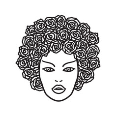 Face of beautiful woman with rose flowers as hair isolated vector illustration for Rose Day on February 7