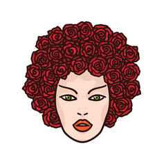 Face of beautiful woman with rose flowers as hair isolated vector illustration for Rose Day on February 7