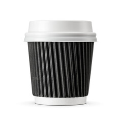 Black paper espresso coffee cup with white plastic lid and cardboard sleeve isolated. Transparent PNG image.