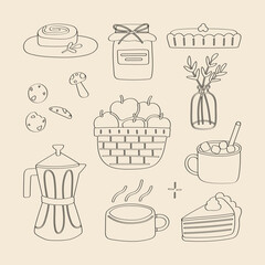 Lined cozy autumn set cute fall pumpkin spice pie cake jam hot chocolate drink apples mocha pot coffee mushroom cookies illustration