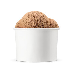 Chocolate ice cream scoops in blank paper cup isolated. Transparent PNG image.