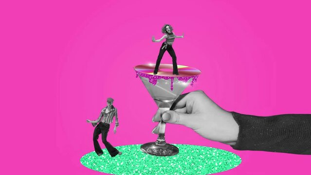 Artistic, stylish young man and woman in retro style clothes dancing, drinking cocktails and having fun. Stop motion. Animation.