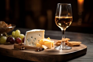 Closeup shot featuring glass, white wine, fresh cheese, wooden tray, and dark background. Generative AI