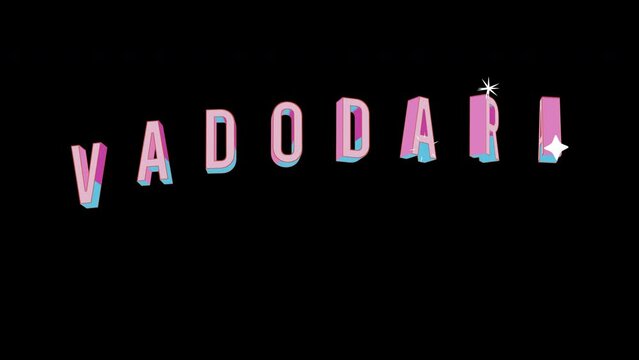 Bright letters jump merrily in the inscription VADODARA city. Retro. Alpha channel black. Looped from frame 120 to 240, Alpha BW at the end