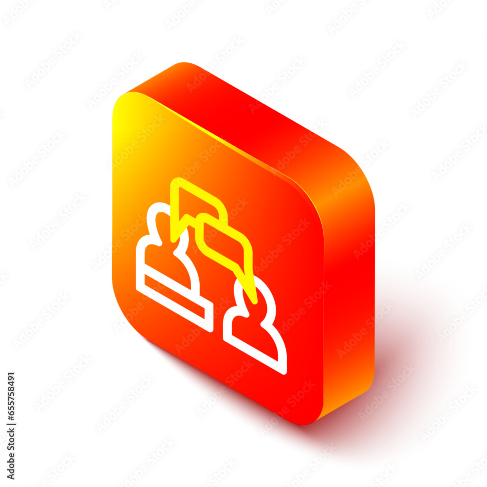 Poster isometric line two sitting men talking icon isolated on white background. speech bubble chat. messag