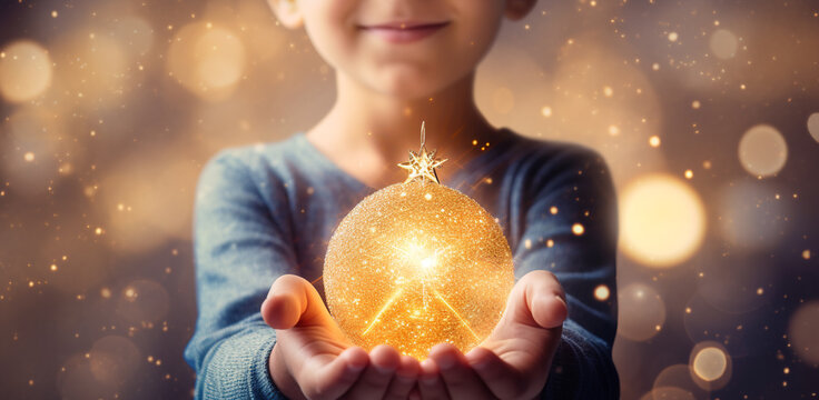 Small boy holding in hands golden Christmas tree ornament ball. Sparkling lights glitter on dark blue background. Holiday celebration magical atmosphere