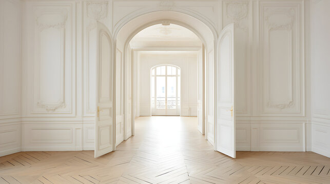 int&eacute;rieur vide d'un appartement parisien avec parquet au sol et moulures sur les murs