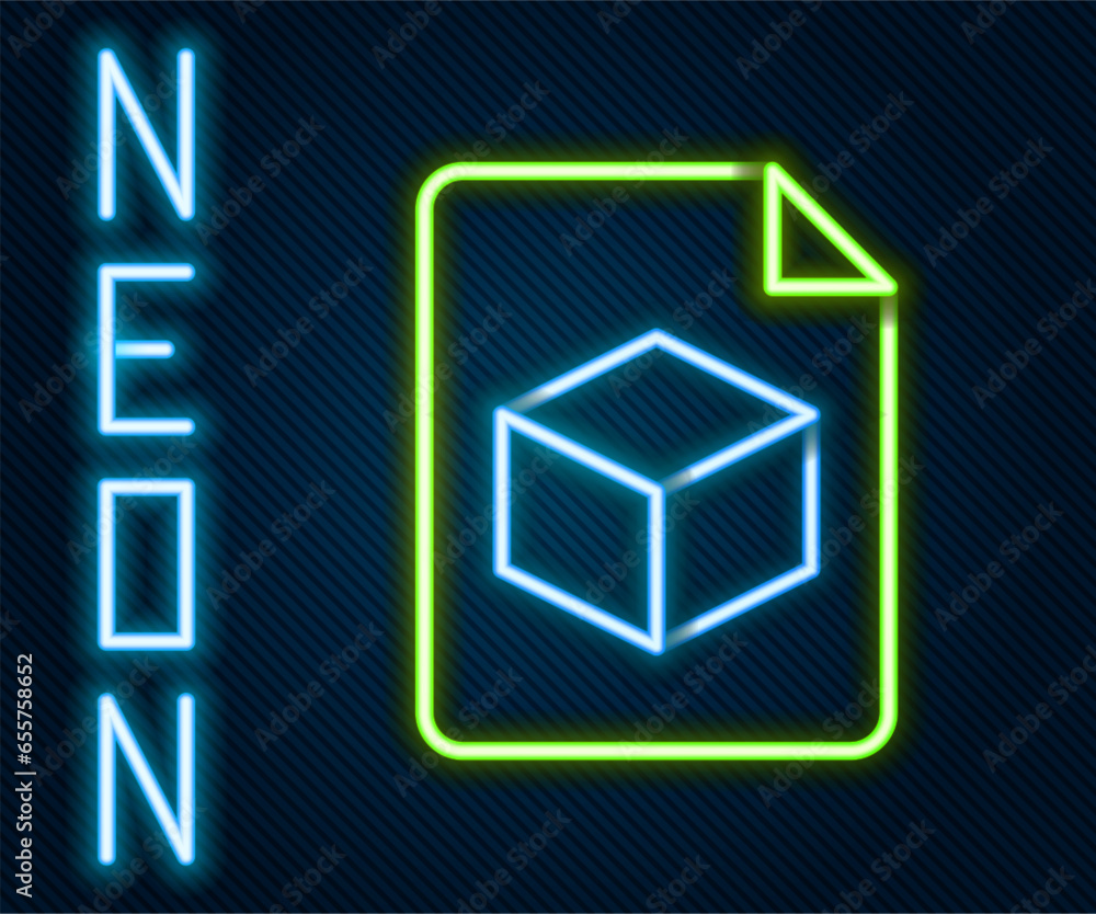 Poster glowing neon line isometric cube file icon isolated on black background. geometric cubes solid icon.
