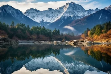 Foto op Canvas Reflection of Hotaka mountain range on the Azusa River - Kamikōchi, Nagano, Japan. Generative AI © Eamon