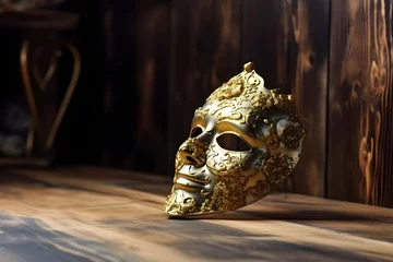 Foto auf Acrylglas Antireflex Traditional golden carnival mask on wooden background, Close up, Venetian masquerade mask, festival, anonymous crimes concept © Canities