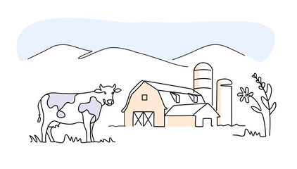 Cow with barn line art drawing. Minimalist black linear sketch © bioraven